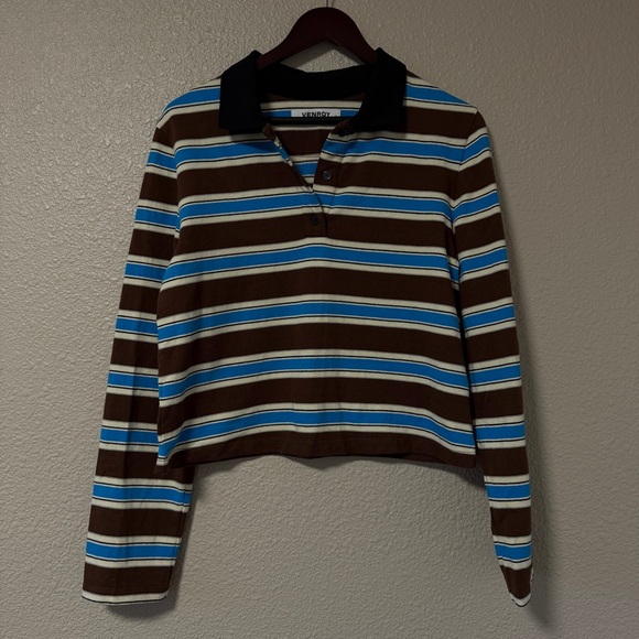 NWOT VENROY Striped Jersey Polo Striped Retro Rugby Long Sleeve Cropped Top L - Picture 4 of 7